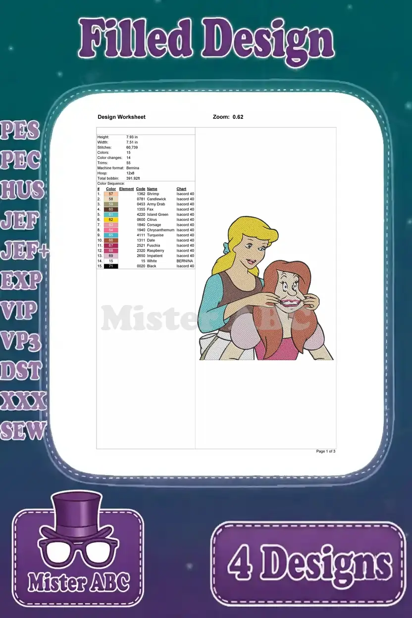 Embroidery worksheet for the second design, depicting Cinderella and a stepsister, with detailed stitch data and color chart.