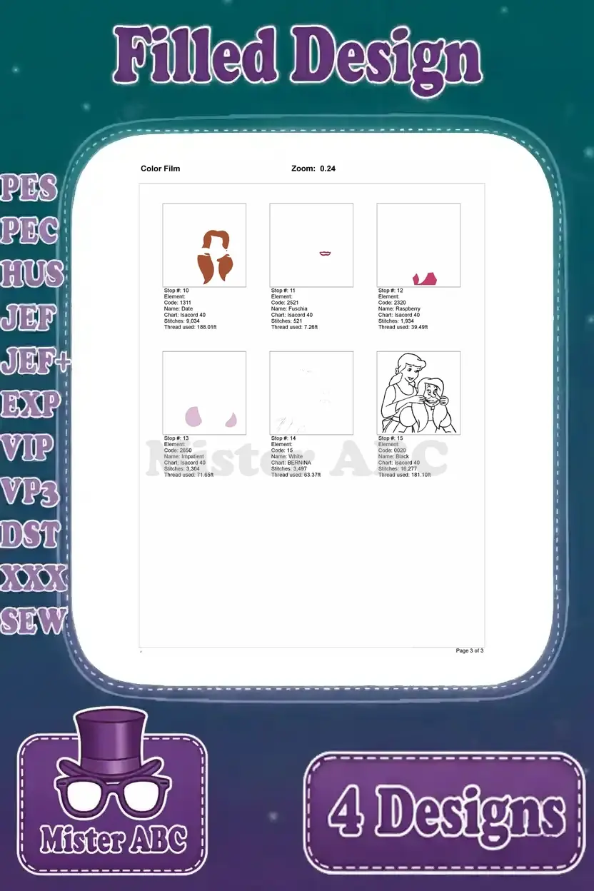 Final part of the color film for the Cinderella and stepsister embroidery design, including the last color stop and outline.