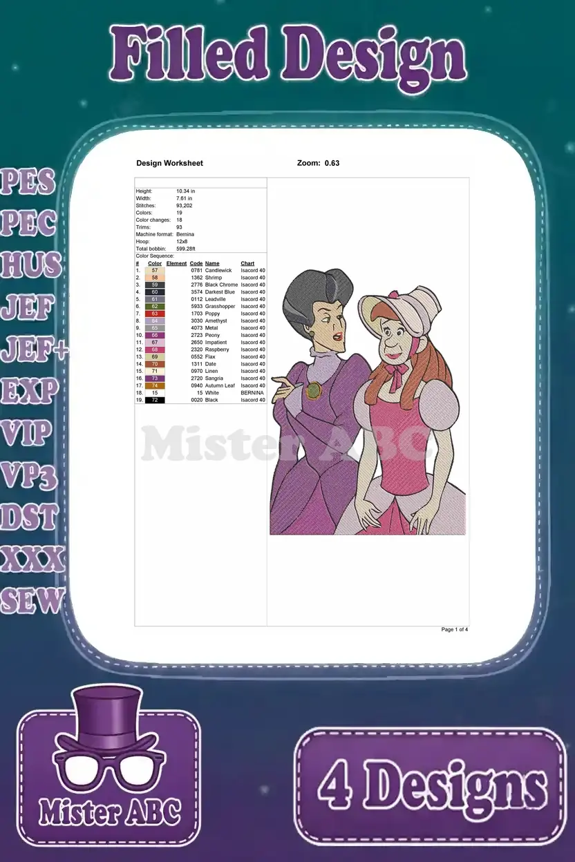 Embroidery worksheet for the third design, showing Lady Tremaine and a stepsister, with detailed stitch data and color chart.