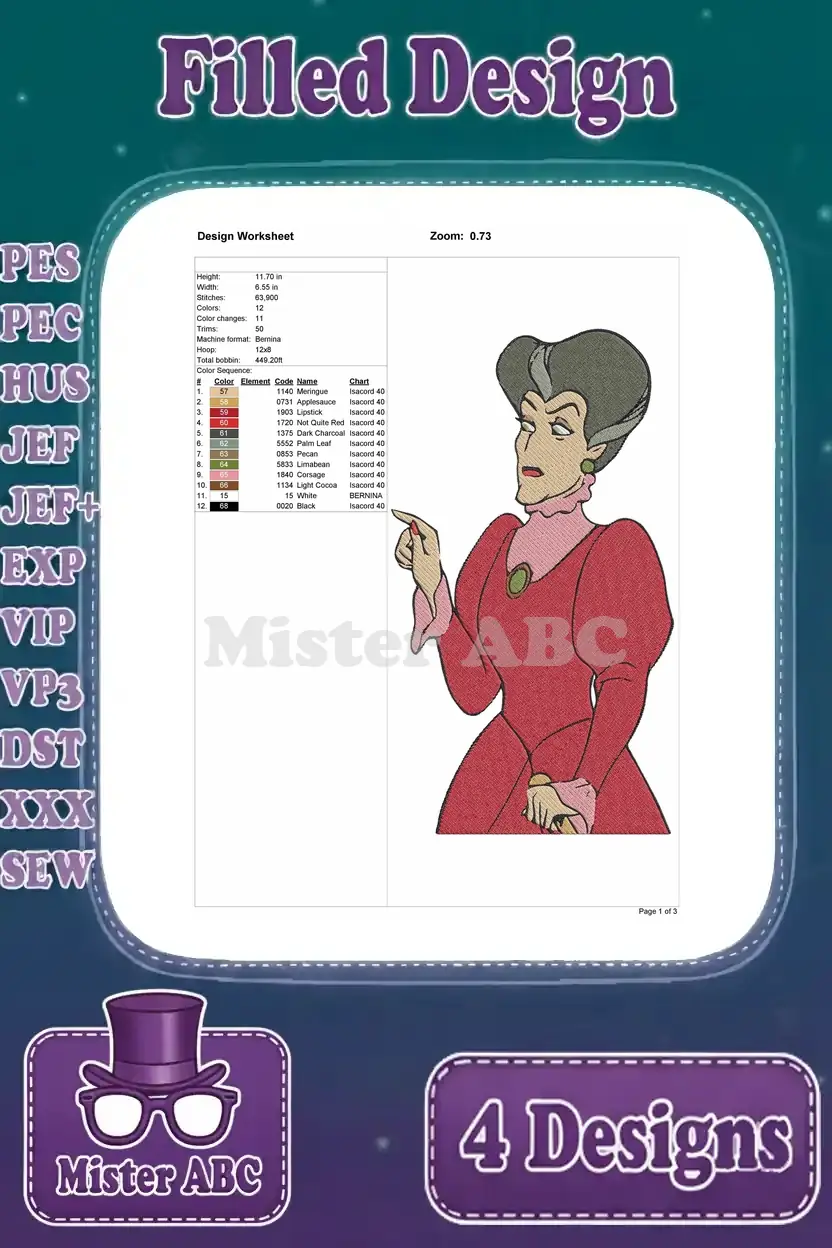 Comprehensive design worksheet for Lady Tremaine pointing, detailing dimensions, stitch count, and precise color order.
