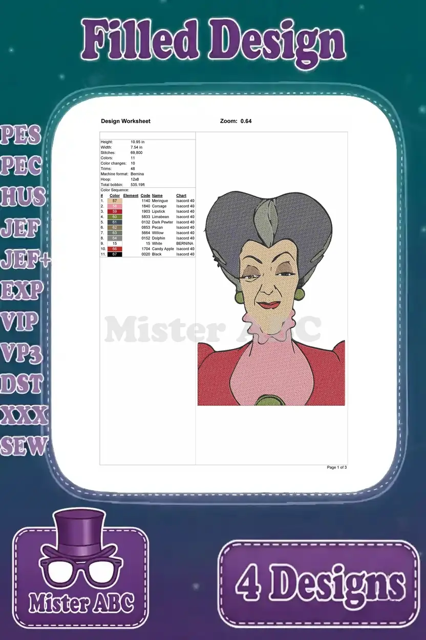 Design worksheet for the close-up Lady Tremaine face, detailing dimensions, stitch count, and color thread order.