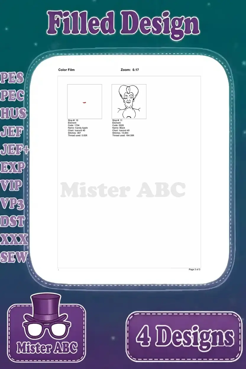 Color film (page 3) showing the concluding stitching steps, including facial outlines, for Lady Tremaine's close-up.