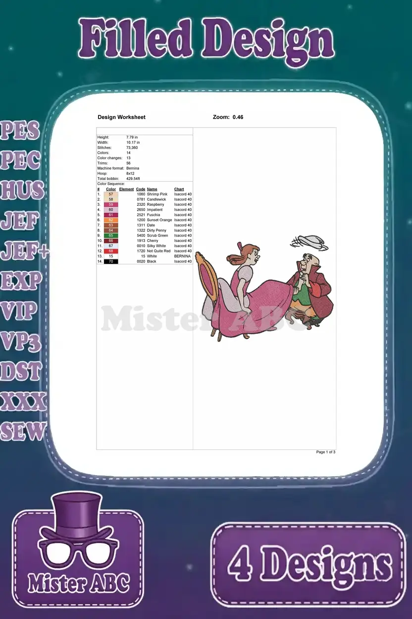 Design worksheet for the Drizella and Anastasia embroidery scene, detailing dimensions, stitch count, and color order.