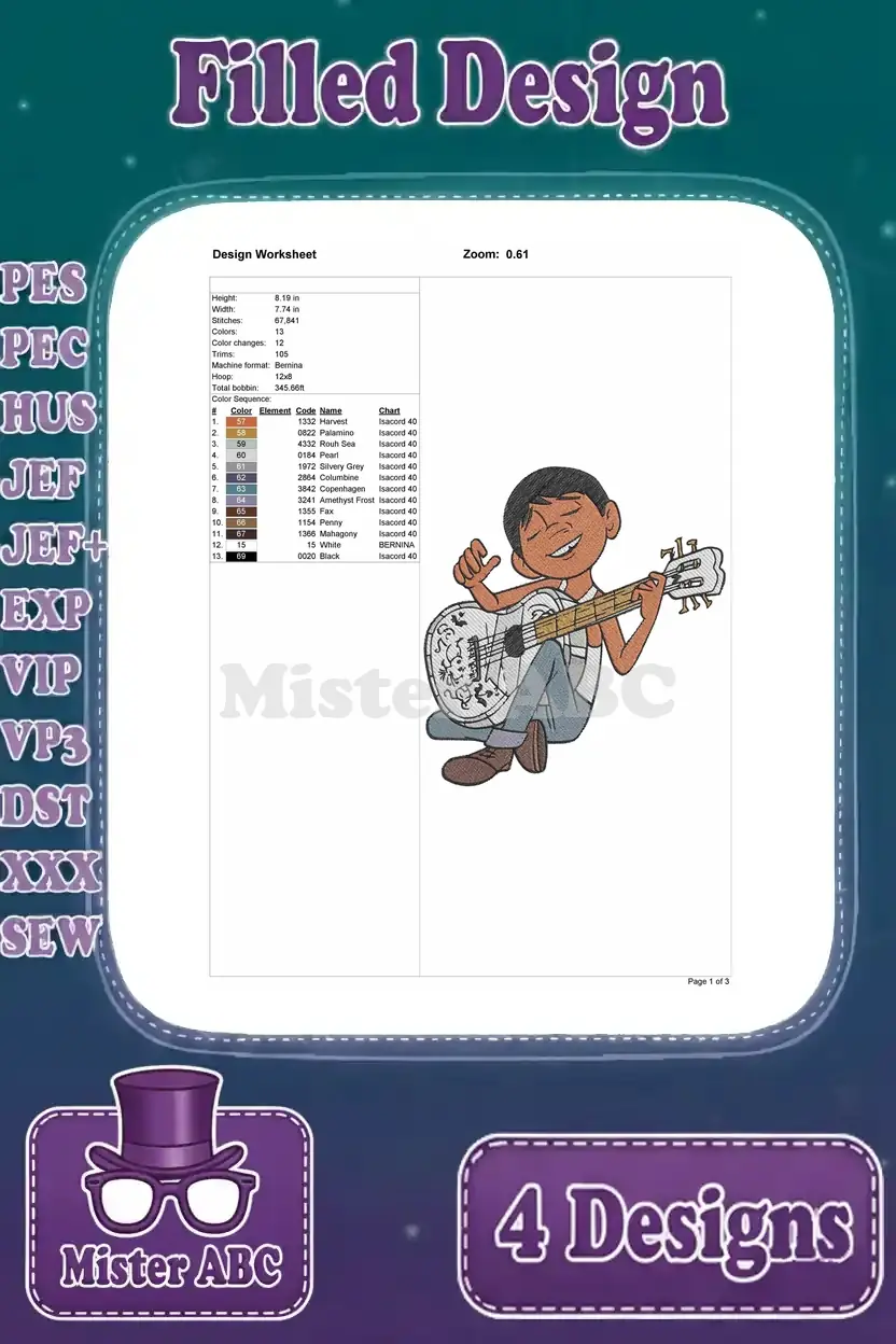Detailed embroidery design worksheet for Miguel sitting and playing guitar, showing stitch count, colors, and dimensions.