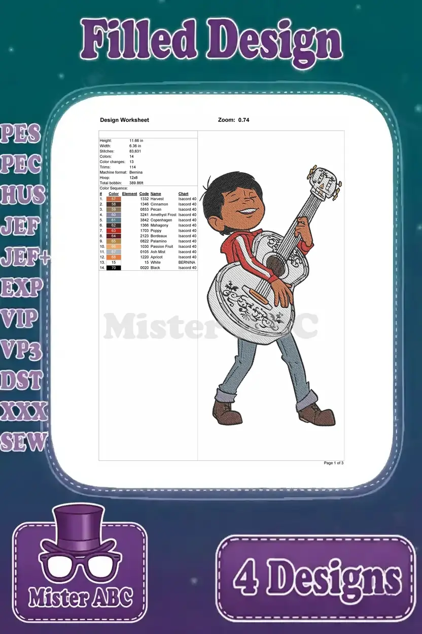 Detailed embroidery design worksheet for Miguel standing and playing guitar, showing stitch count, colors, and dimensions.