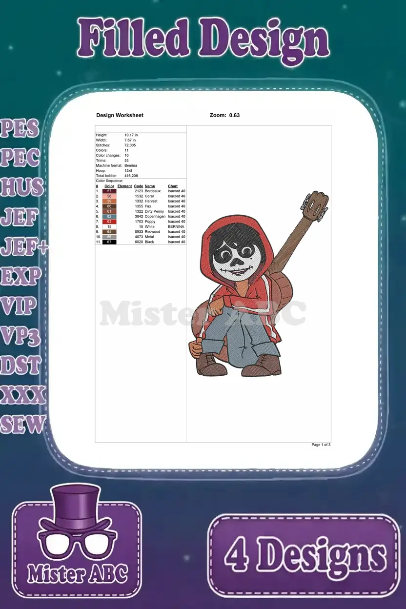 Detailed embroidery design worksheet for Miguel as a skeleton playing guitar, showing stitch count, colors, and dimensions.