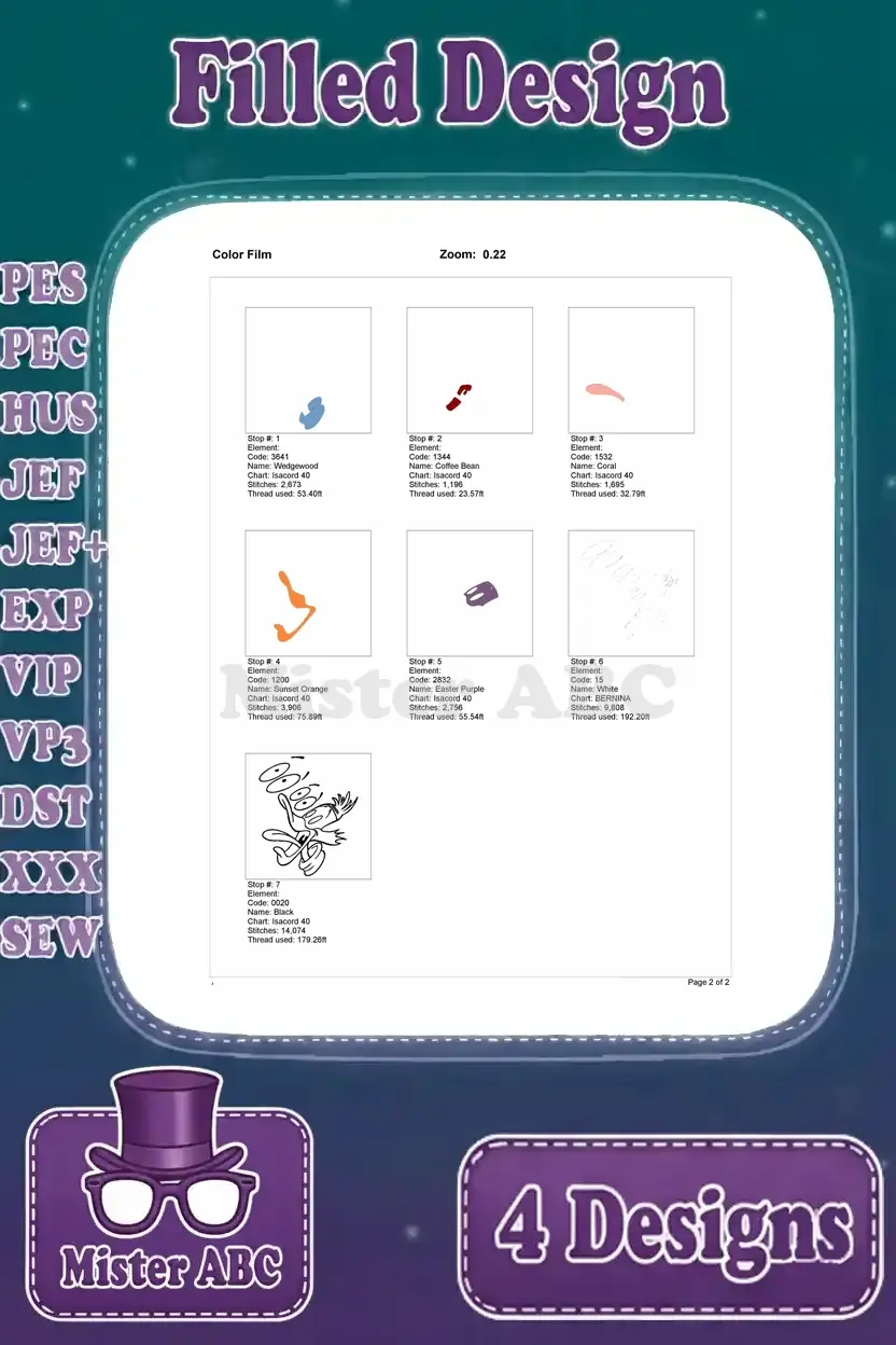 Color film for the dizzy Darkwing Duck embroidery, illustrating the precise stitch-by-stitch progression.