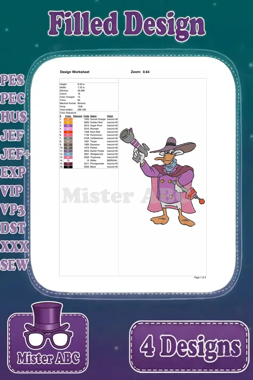 Design worksheet for a filled embroidery of Darkwing Duck standing heroically, with stitch and color details.