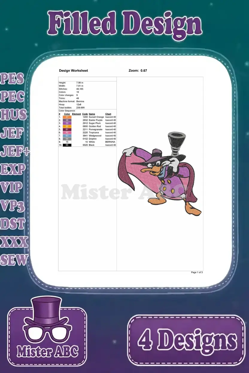 Design worksheet for a filled embroidery of Darkwing Duck crouching heroically, with stitch and color details.