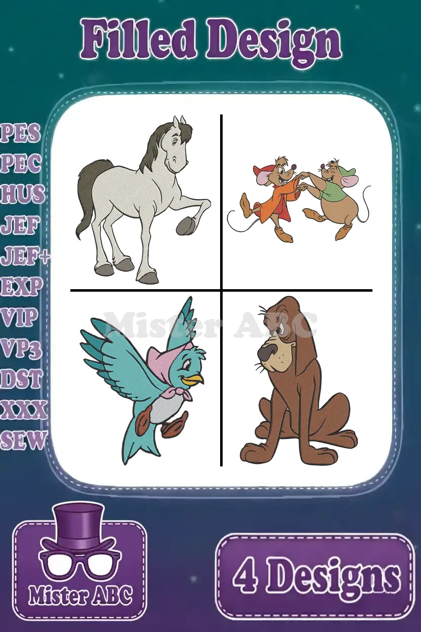 Four filled embroidery designs: a horse, two dancing mice, a flying bird, and a sitting dog, all in a single bundle.