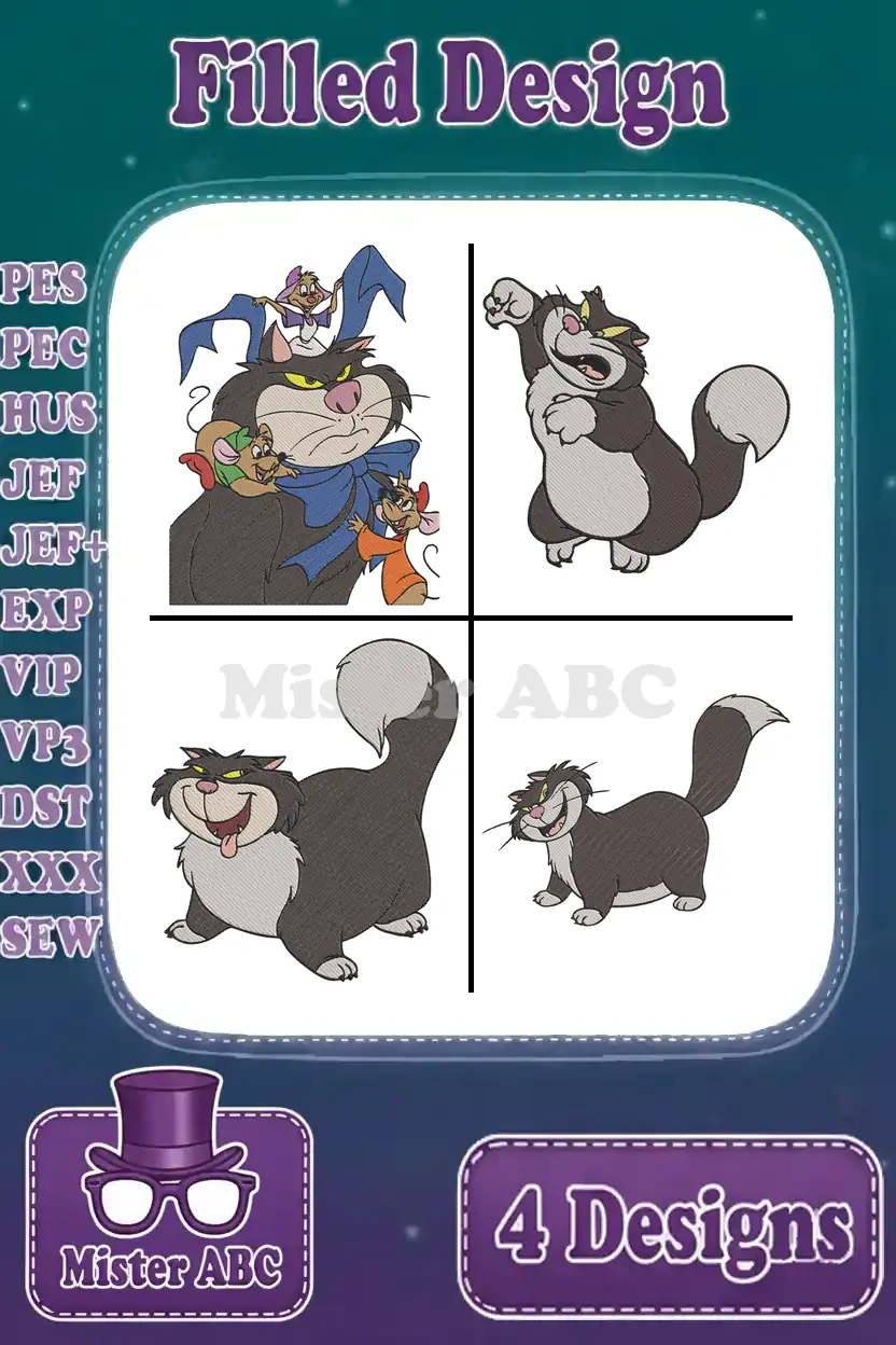 A vibrant display of four filled embroidery designs featuring Lucifer, Jaq, and Gus from Cinderella. Perfect for fans.