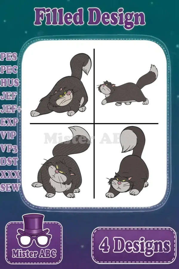 A vibrant display of four filled embroidery designs featuring Lucifer the cat in various playful and grumpy poses, ready for stitching.