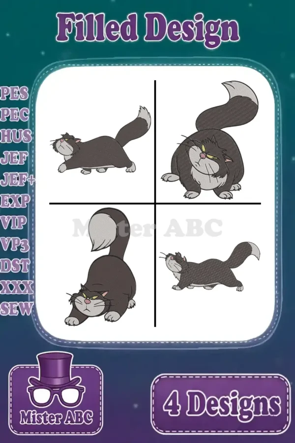 Four filled embroidery designs of Lucifer the cat from Cinderella, showcasing various mischievous poses and expressions.