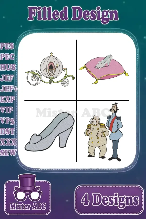 Cinderella-themed embroidery bundle displaying a pumpkin carriage, glass slippers, and royal figures in filled stitch.