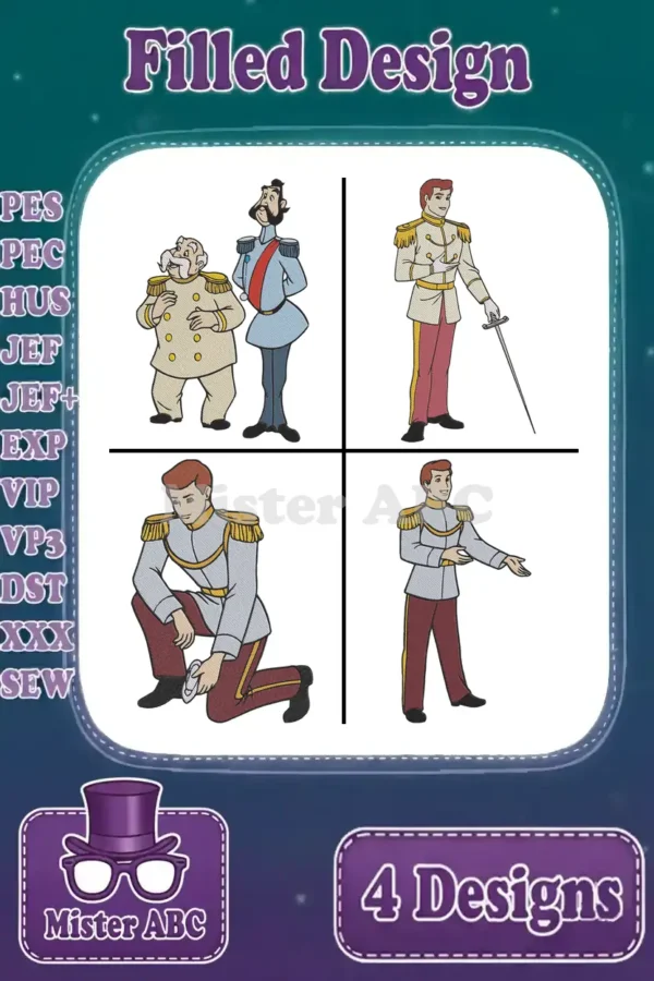 A vibrant main image showcasing four filled embroidery designs: Prince Charming in three poses and the King with the Grand Duke.