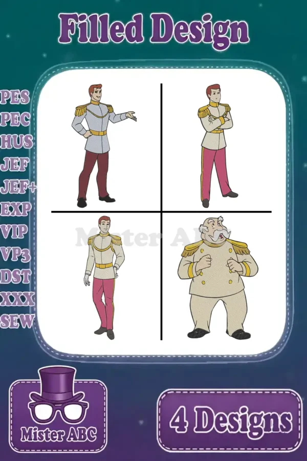 A vibrant main product image displaying a bundle of four filled embroidery designs: three poses of Prince Charming and one of the Grand Duke, ready for various projects.