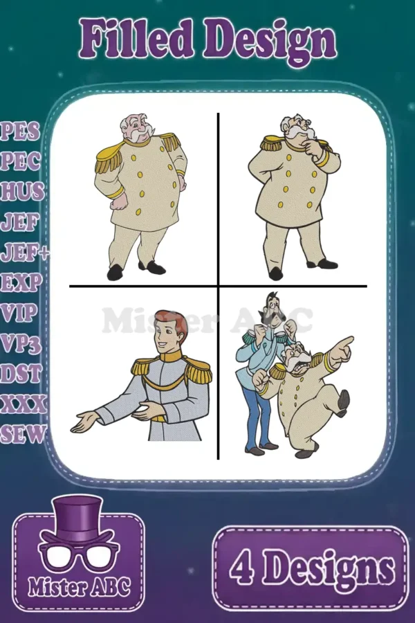 A vibrant main image displaying four filled embroidery designs from Disney's Cinderella, featuring the Grand Duke and Prince Charming, along with supported file formats.