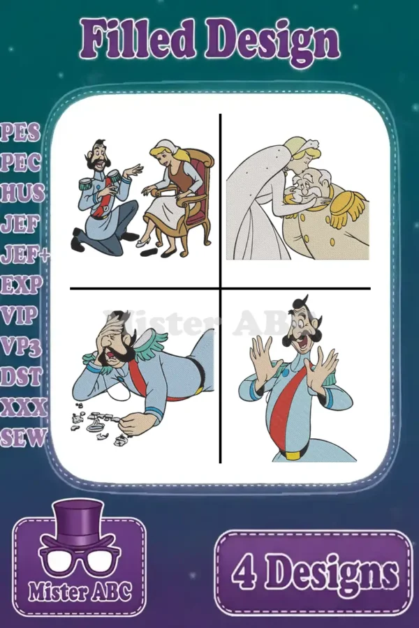 A vibrant collage of four filled embroidery designs depicting scenes with Prince Charming and the King from Cinderella.
