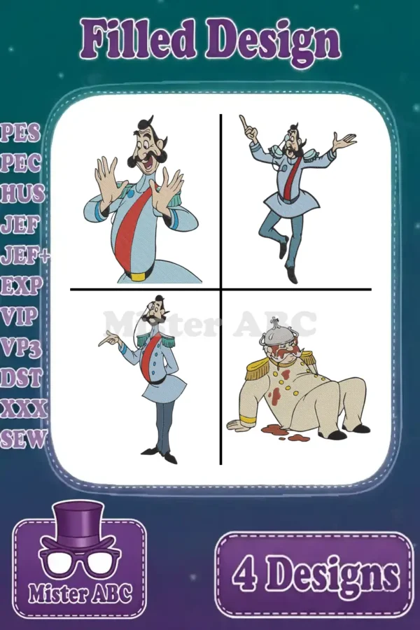 Four vibrant filled embroidery designs of Captain Hook in different poses, showcasing available file formats.