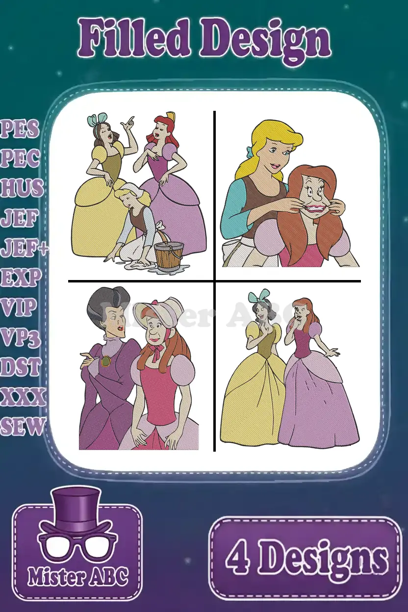 A visual display of four filled embroidery designs featuring Cinderella, her stepsisters, and Lady Tremaine in various scenes.