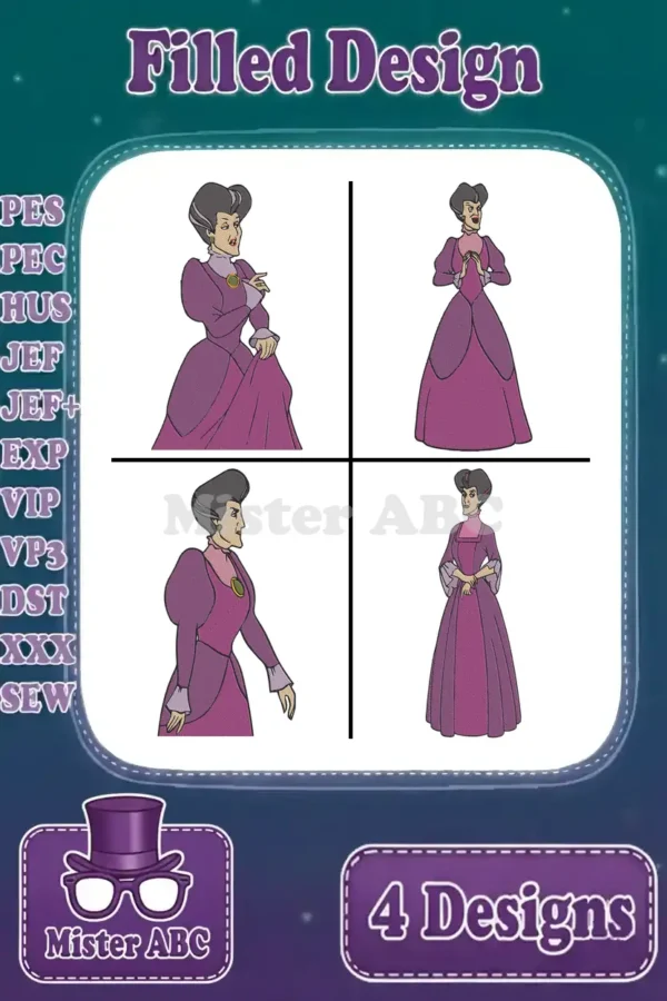 Four distinct filled embroidery designs of Lady Tremaine, Cinderella's stepmother, in various elegant poses, ready for digital download.