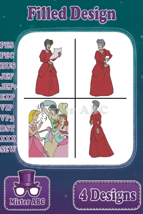 Four filled embroidery designs featuring Cinderella's stepfamily: Lady Tremaine, Anastasia, and Drizella, on a starry background.