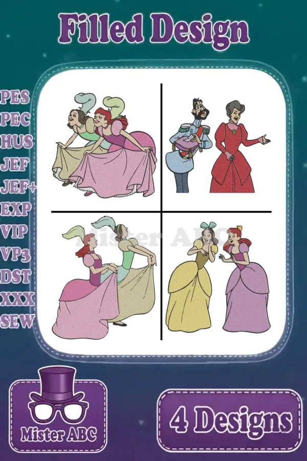 A vibrant display of four filled embroidery designs featuring classic fairytale characters like Cinderella and her family.
