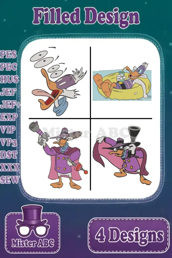Four vibrant filled embroidery designs of Darkwing Duck, including dizzy, relaxing, and two superhero poses.