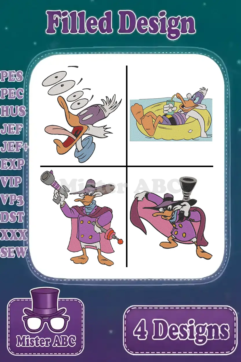 Four vibrant filled embroidery designs of Darkwing Duck, including dizzy, relaxing, and two superhero poses.