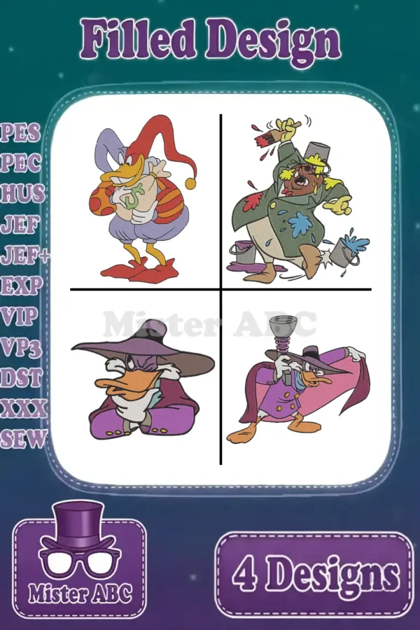Four iconic DuckTales and Darkwing Duck characters: Jester Scrooge, Paint-Splattered Launchpad, and two Darkwing Poses.