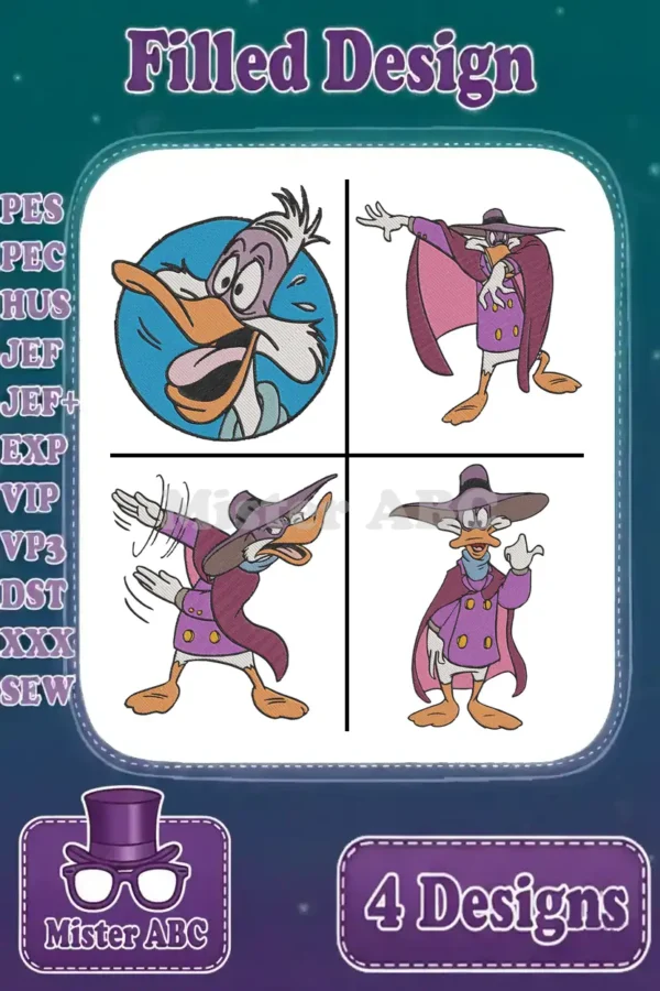 Main image displays four distinct, vibrant Darkwing Duck filled embroidery designs, ready for various projects.