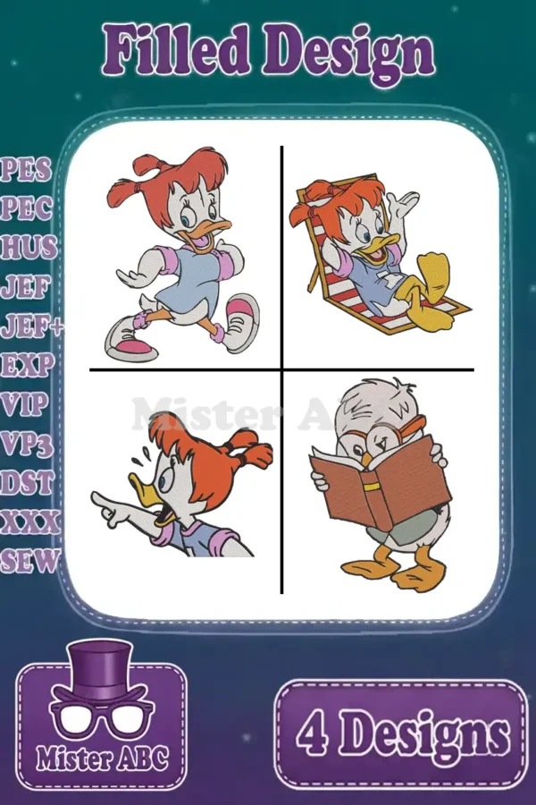 Four vibrant filled embroidery designs: April running, May lounging, June pointing, and Ludwig Von Drake reading a book.