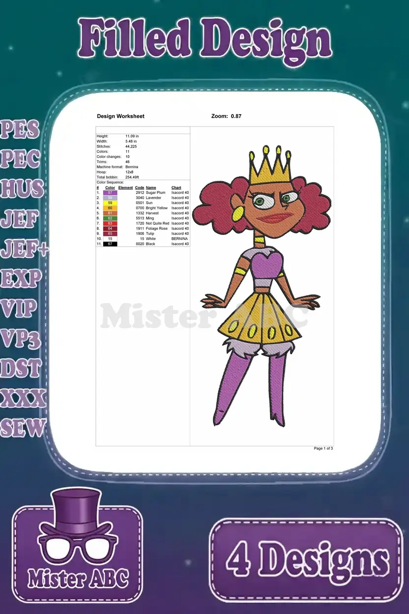 Detailed design worksheet for the Queen Delightful embroidery, showing dimensions, stitch count, and color sequence.