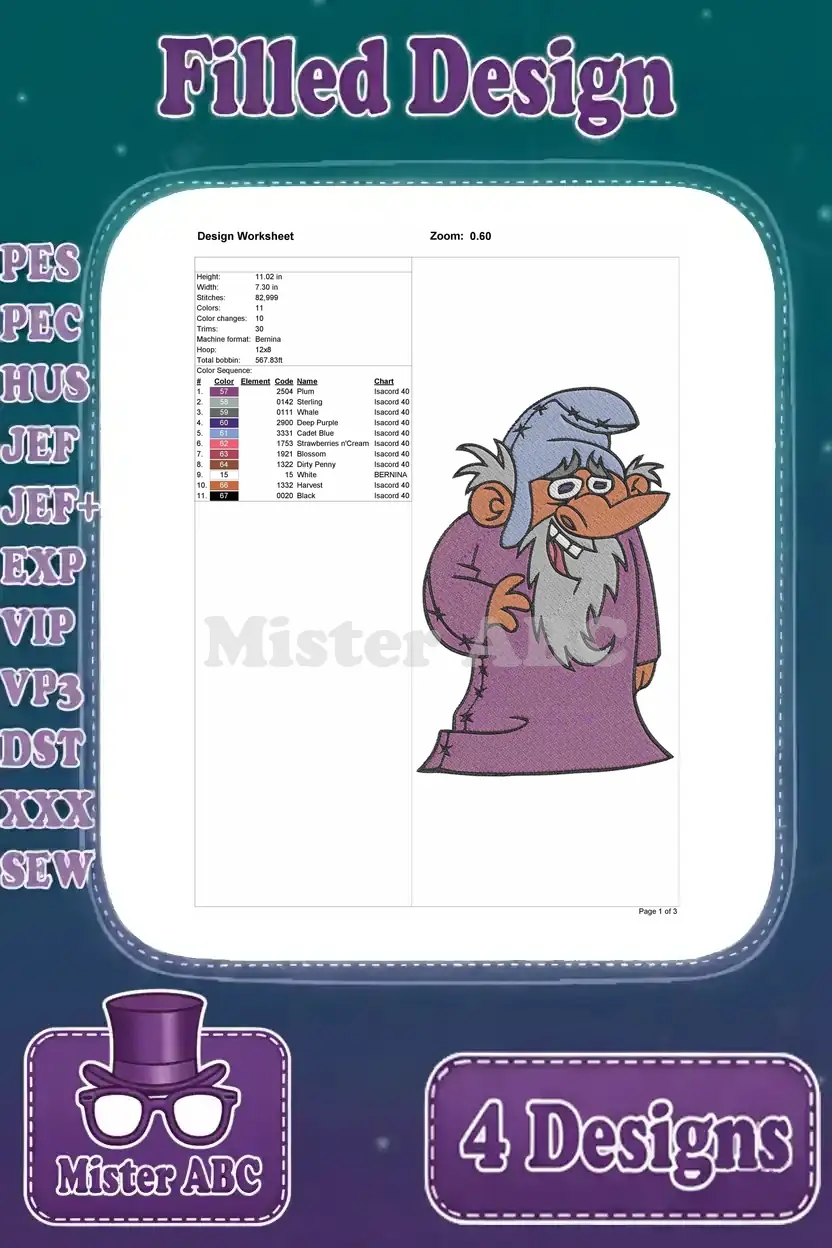 Detailed design worksheet for the Grumpy-like wizard embroidery, showing dimensions, stitch count, and color sequence.