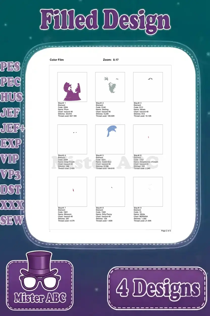 First page of the color film for the Grumpy-like wizard embroidery, illustrating initial color application steps.