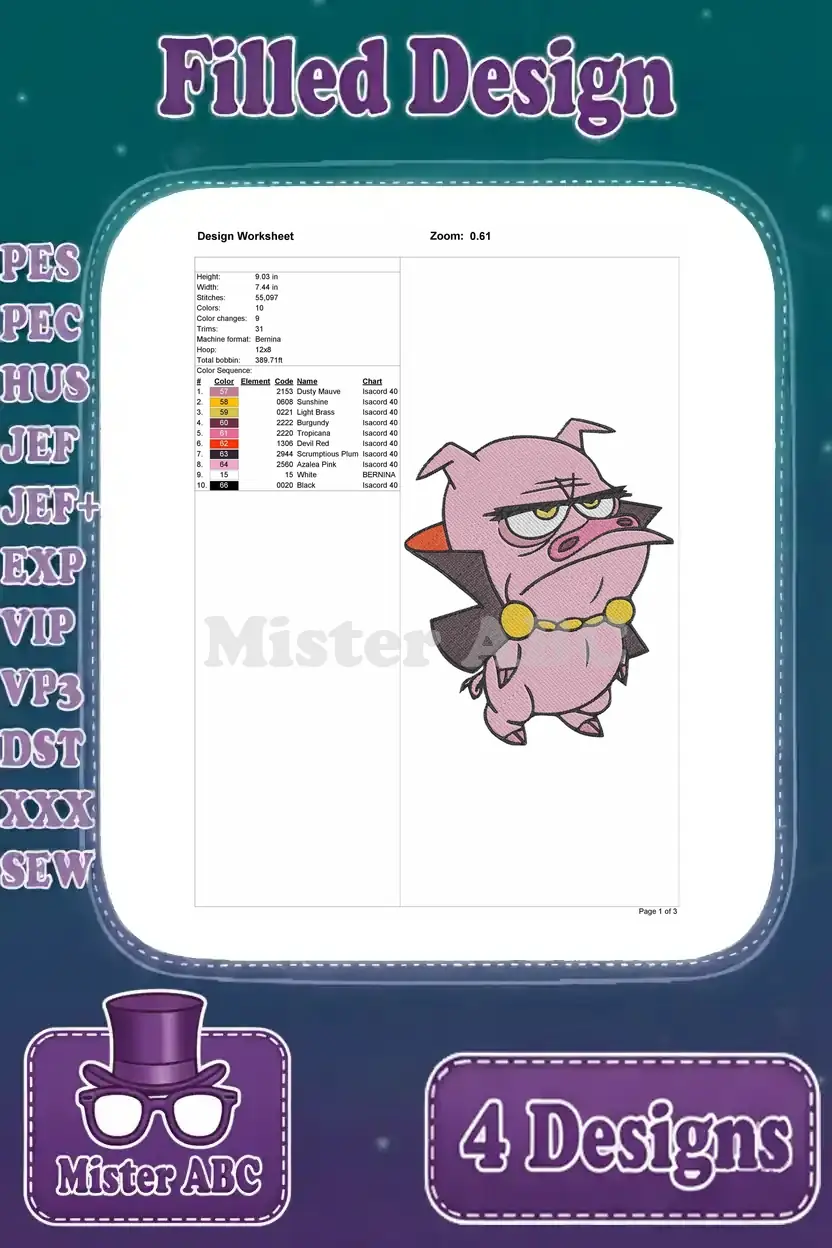 Detailed design worksheet for the angry pig character embroidery, showing dimensions, stitch count, and color sequence.