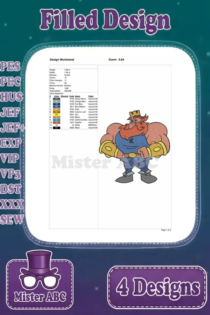 Detailed design worksheet for the strong man character embroidery, showing dimensions, stitch count, and color sequence.