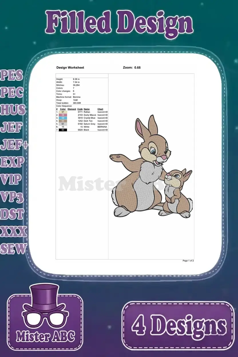 Embroidery design worksheet showing Thumper and a young bunny, detailing specifications like stitch count and color sequence.