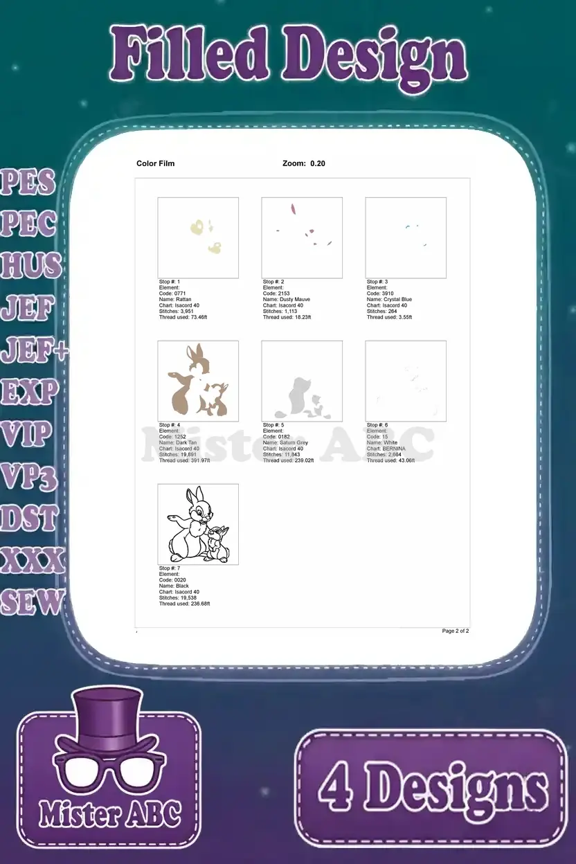 Color film representation for the Thumper and young bunny embroidery design, showing individual color stops and stitch paths.