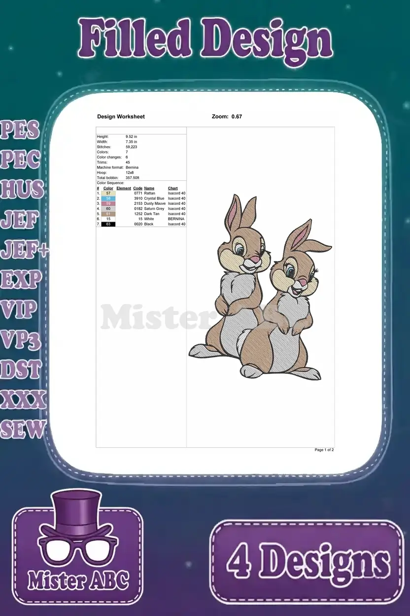 Embroidery design worksheet for Thumper and Miss Bunny side-by-side, listing dimensions, stitches, and color details.