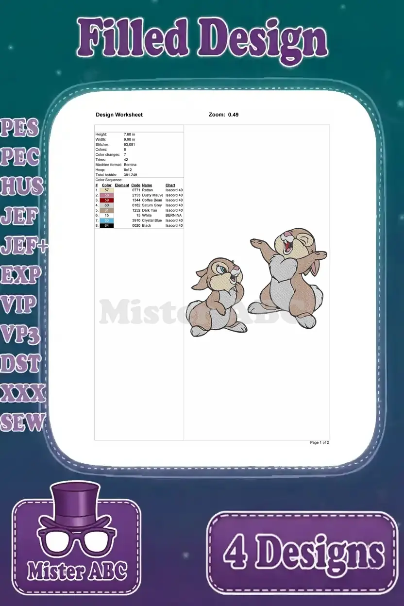 Embroidery design worksheet for the excited Thumper and young bunny pose, detailing stitch count and color sequence.