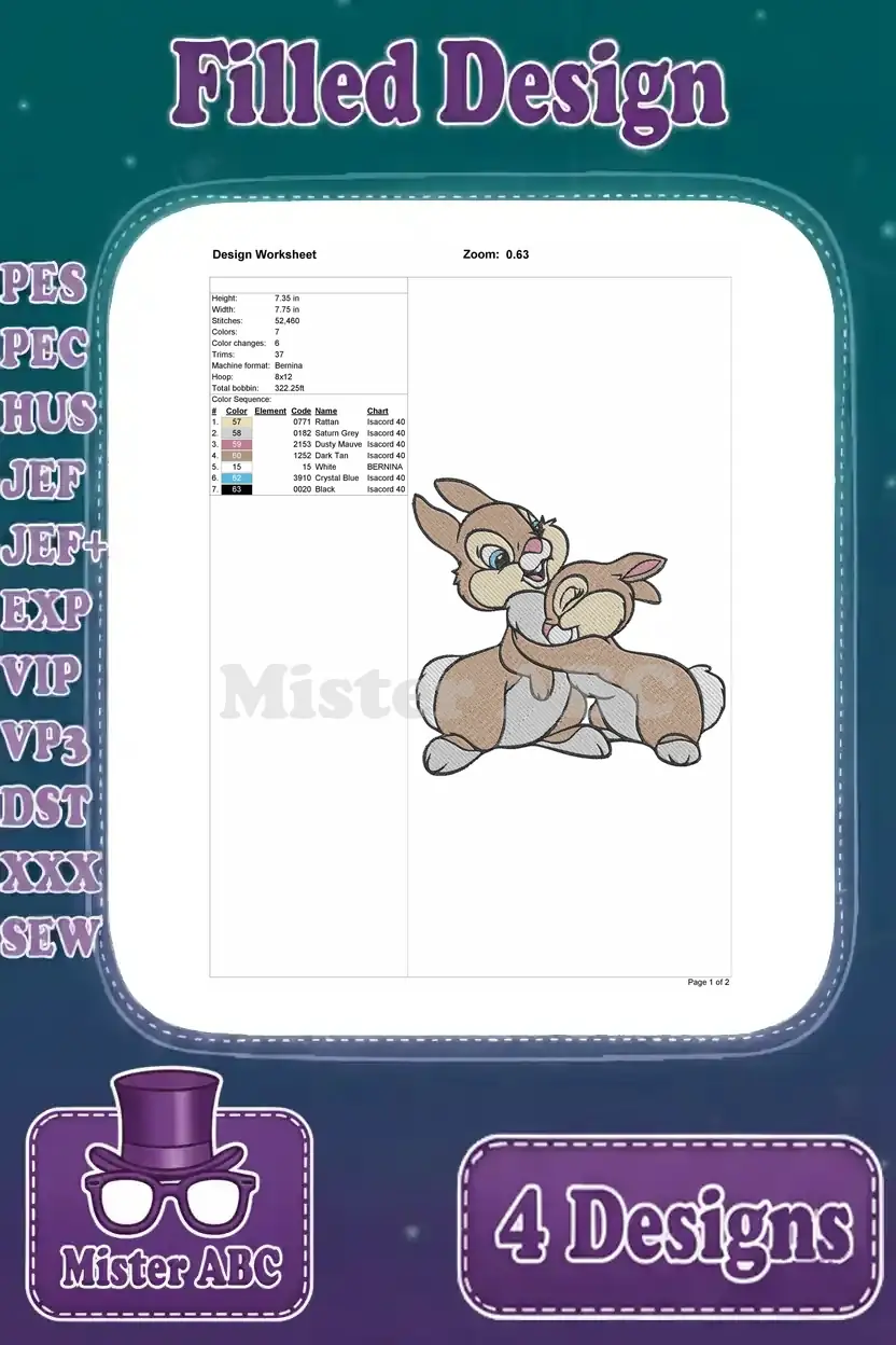Embroidery design worksheet for Thumper and Miss Bunny hugging, detailing dimensions, stitch count, and color information.