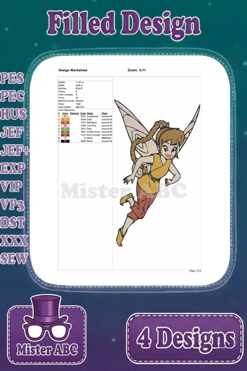 Detailed design worksheet for the second Fawn fairy embroidery, outlining dimensions, stitch count, and a comprehensive thread color guide.