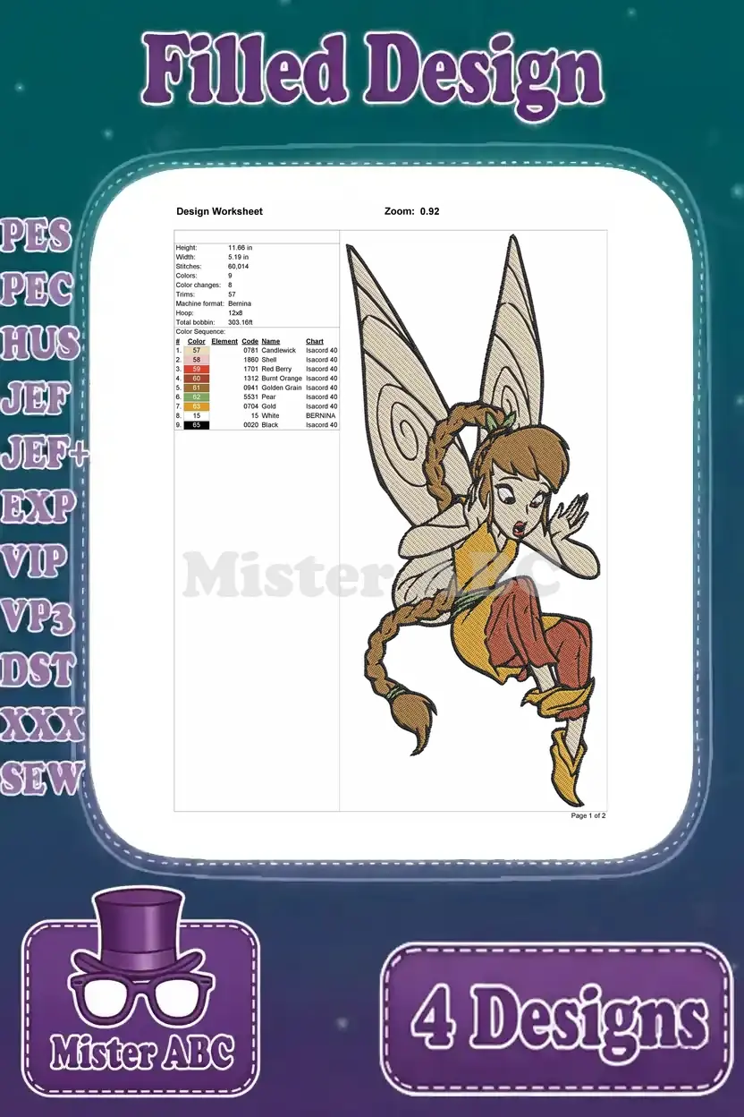 Detailed design worksheet for the third Fawn fairy embroidery, providing size, stitch count, thread colors, and essential production details.