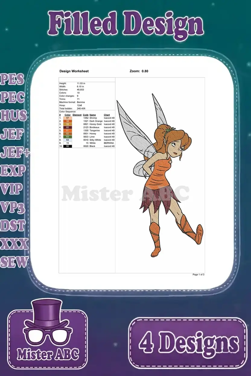 Detailed design worksheet for the first Fawn fairy embroidery, showing size, stitches, colors, and thread info.