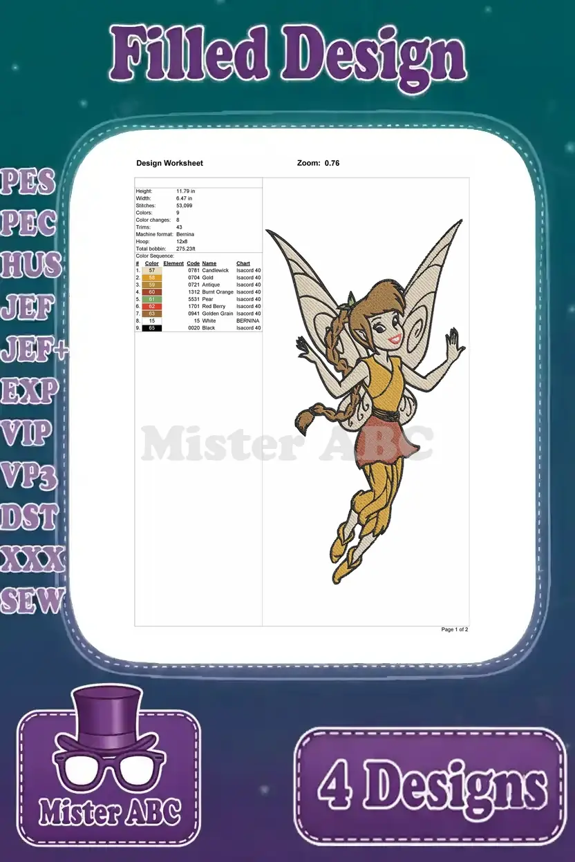 Design worksheet for the fourth Fawn fairy embroidery, detailing size, stitch count, and color palette.