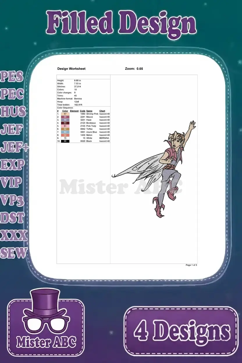 Detailed design worksheet for the first fantasy fairy embroidery, showing size, stitch count, color changes, and thread chart.
