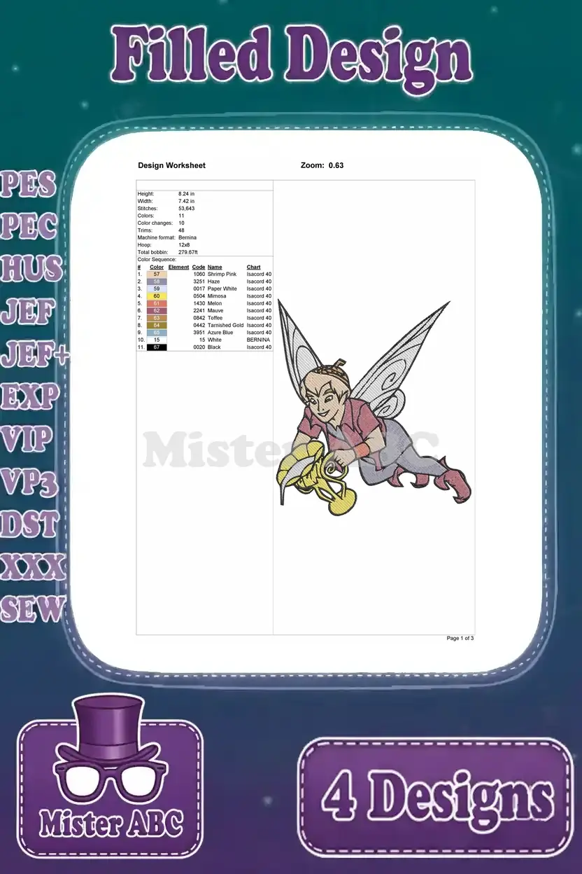 Detailed design worksheet for the second fantasy fairy embroidery, showing size, stitch count, color changes, and thread chart.