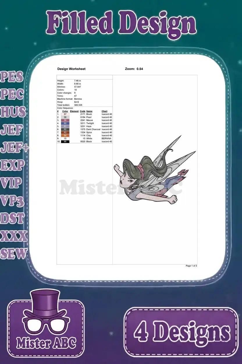 Detailed design worksheet for the third fantasy fairy embroidery, showing size, stitch count, color changes, and thread chart.