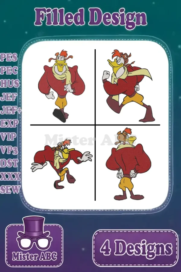 Four filled embroidery designs of Launchpad McQuack in various action poses, showcasing vibrant colors and detail.